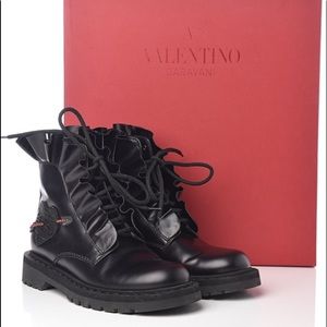 VALENTINO Calfskin Ruffle Heart Love Combat Boots 38 Black